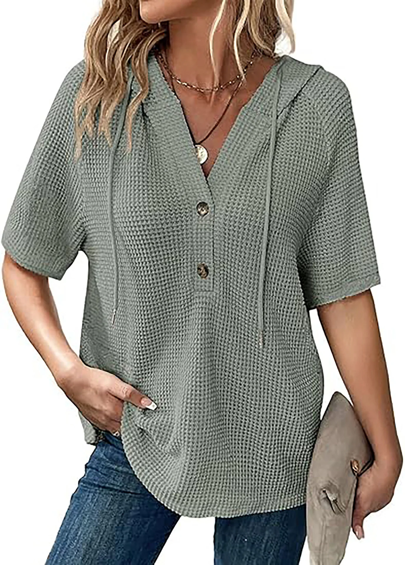 Damen Waffelstruktur-T-Shirt mit Kapuze - Image 2