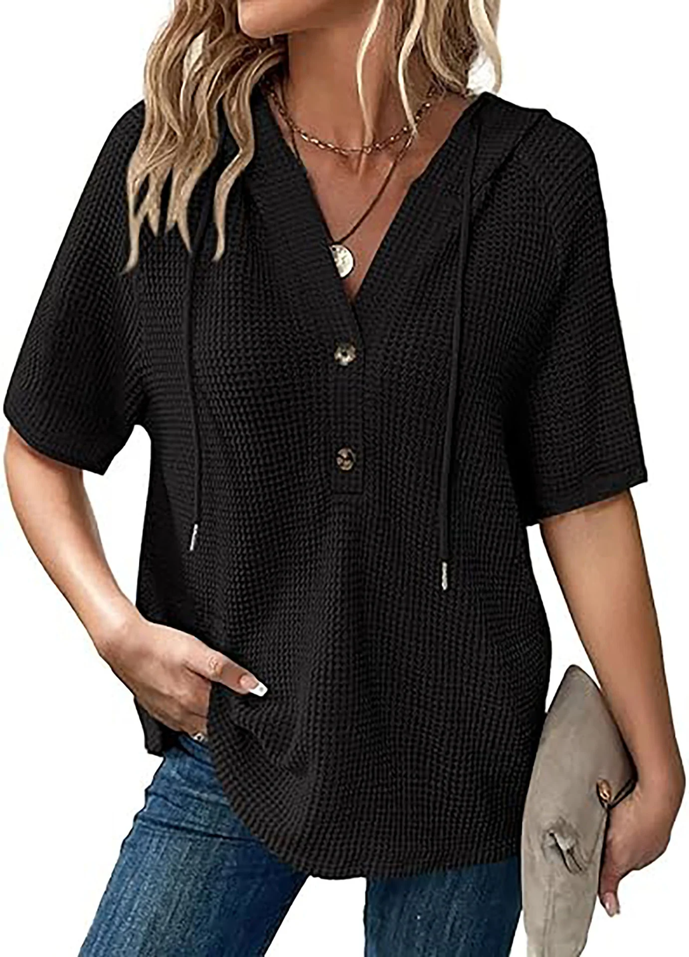 Damen Waffelstruktur-T-Shirt mit Kapuze - Image 4