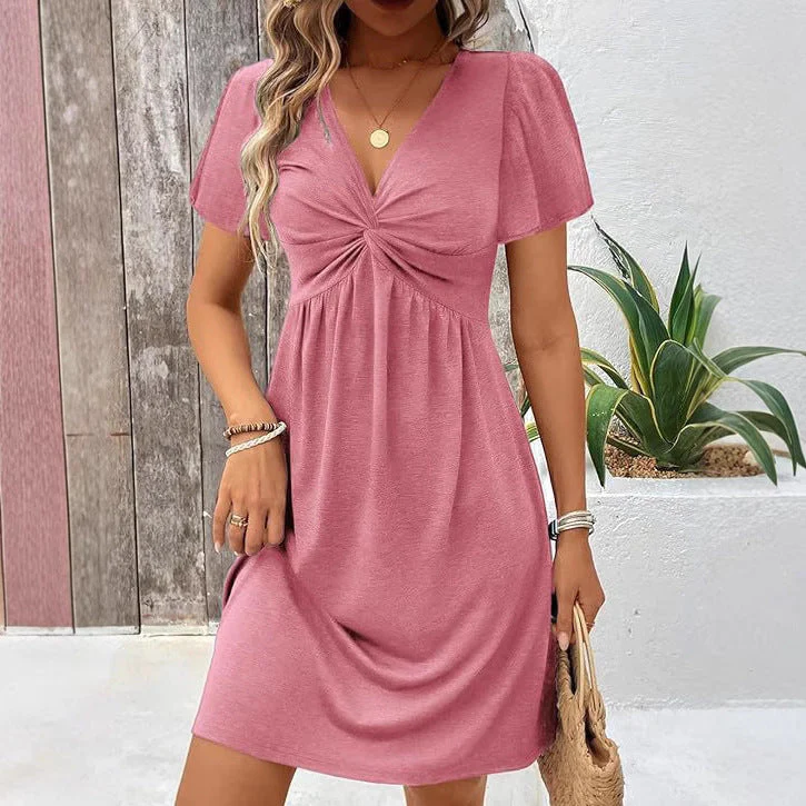 Damen Lässiges Wickelkleid mit V-Ausschnitt und Kurzen Ärmeln Heidi-Mode - Image 4