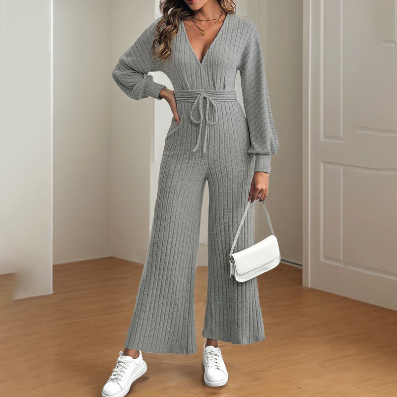 Damen legerer Strick-Jumpsuit mit weitem Bein und Taillengürtel Heidi-Mode - Image 5