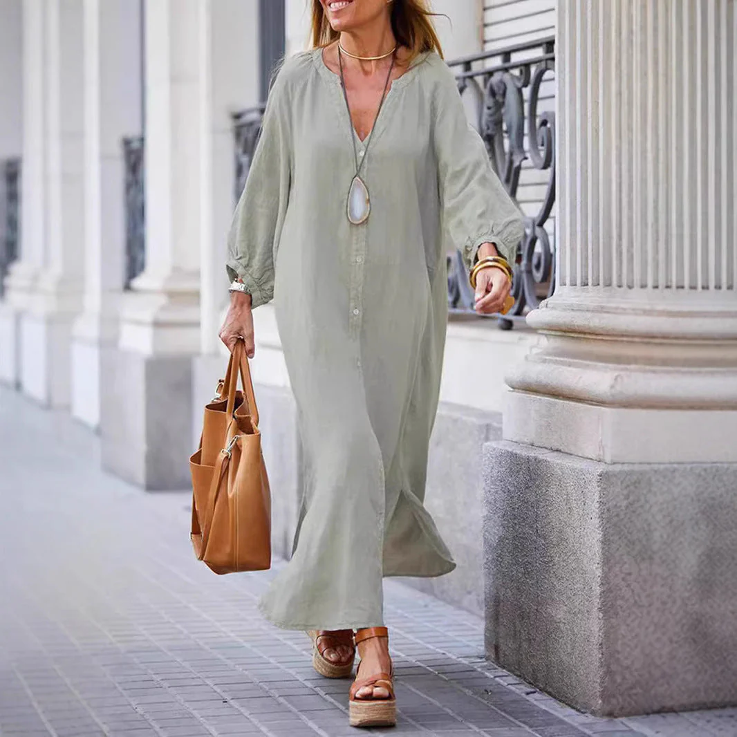 Damen Leichtes Leinenkleid mit Langen Ärmeln und Durchgehender Knopfleiste Heidi-Mode - Image 2