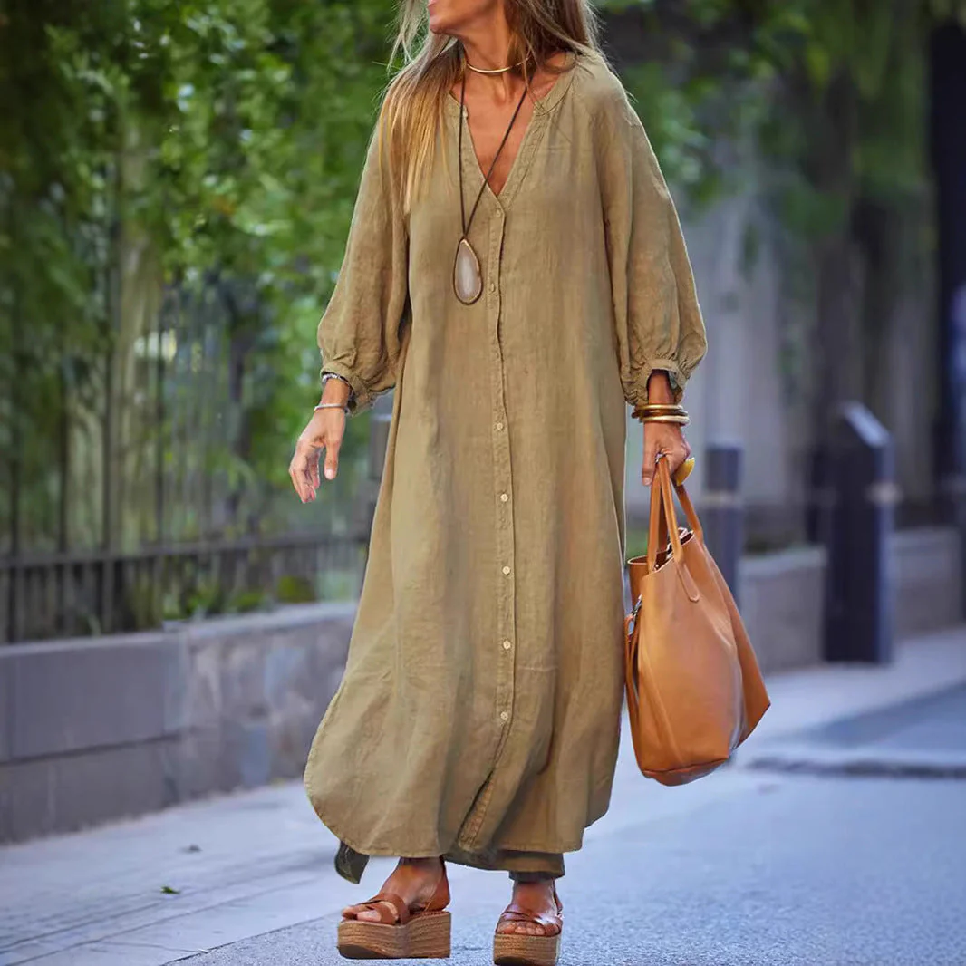 Damen Leichtes Leinenkleid mit Langen Ärmeln und Durchgehender Knopfleiste Heidi-Mode - Image 3