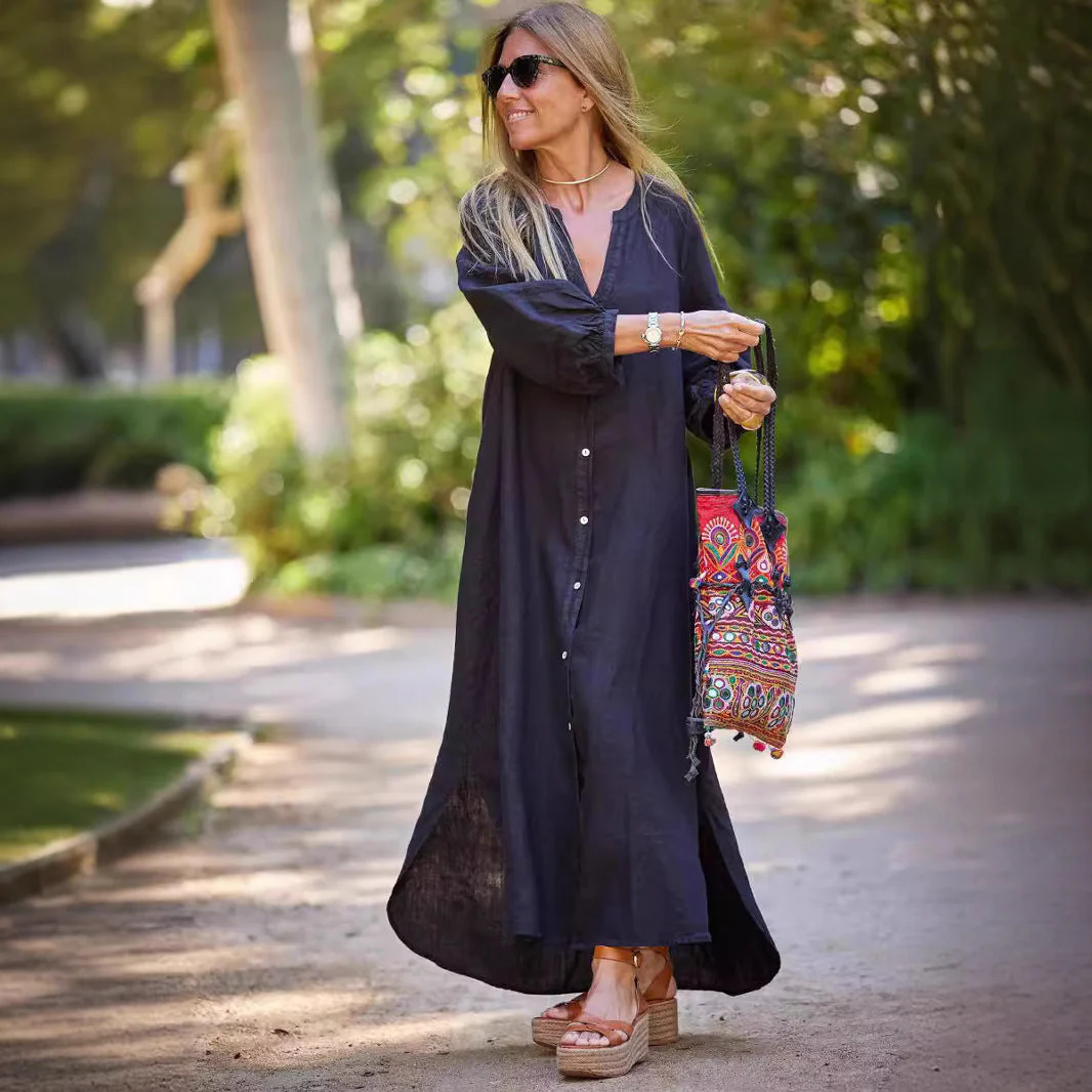 Damen Leichtes Leinenkleid mit Langen Ärmeln und Durchgehender Knopfleiste Heidi-Mode - Image 4