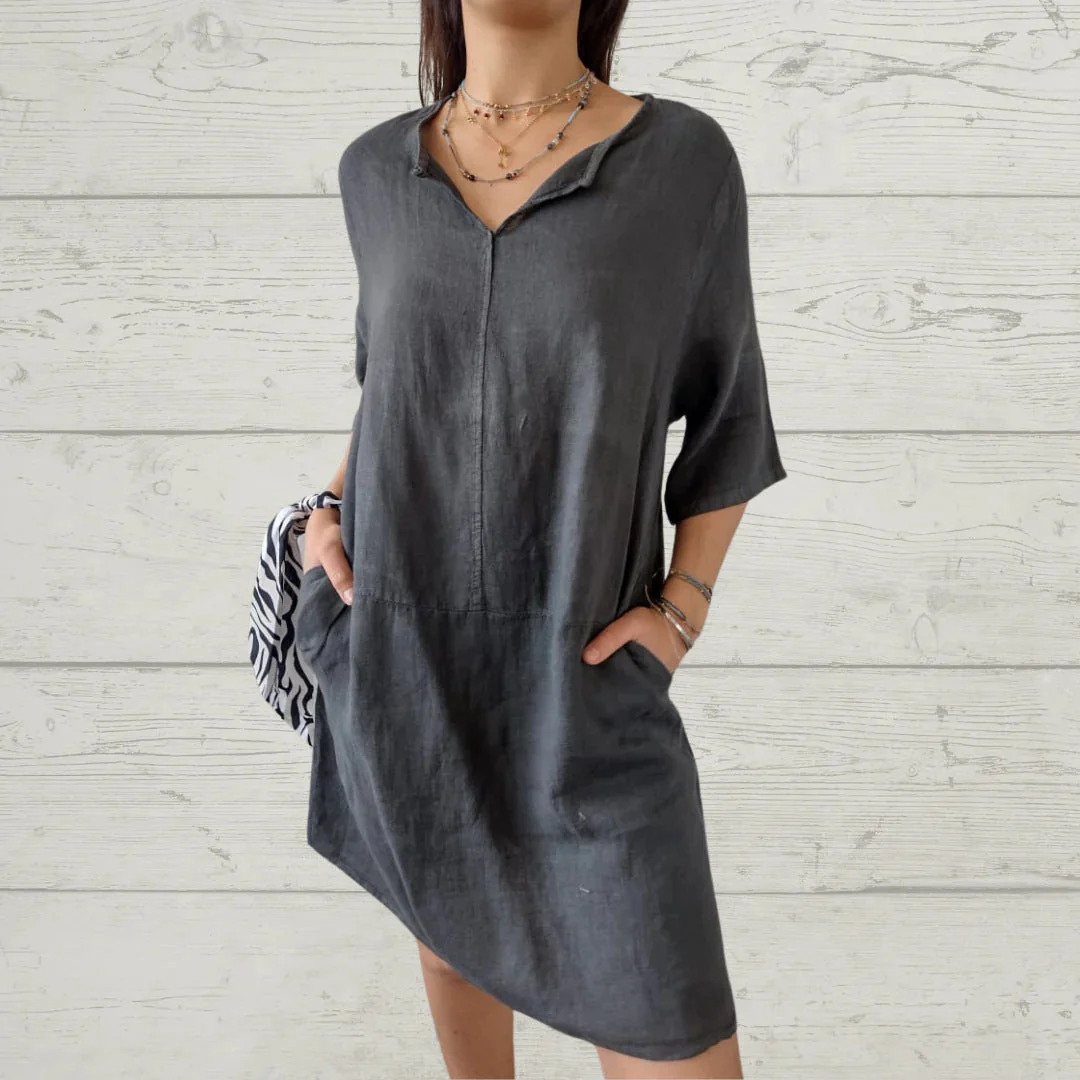 Damen Leichtes Leinenkleid mit Vorderem Knopfdetail und Seitlichen Taschen Heidi-Mode - Image 2