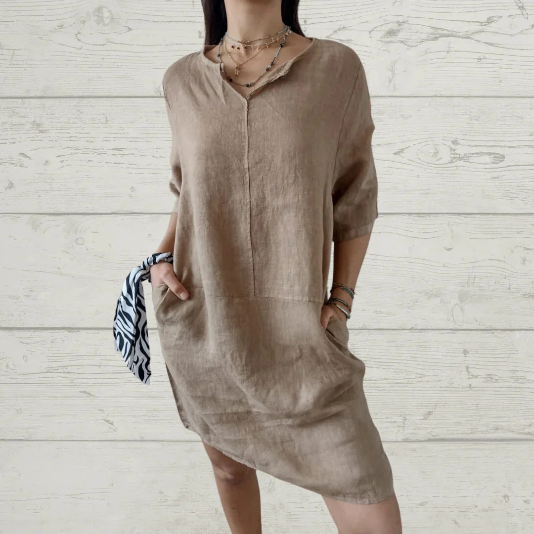 Damen Leichtes Leinenkleid mit Vorderem Knopfdetail und Seitlichen Taschen Heidi-Mode - Image 3