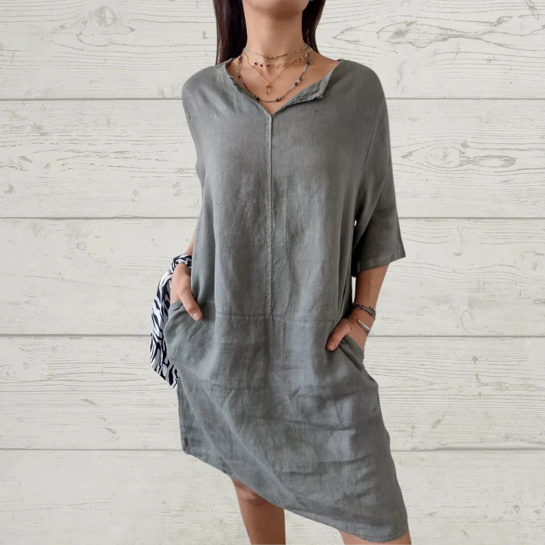 Damen Leichtes Leinenkleid mit Vorderem Knopfdetail und Seitlichen Taschen Heidi-Mode - Image 6