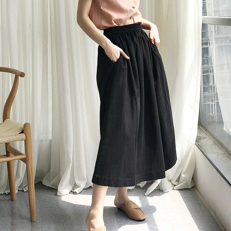 Damen Leinen-Midirock mit Elastischem Bund und Praktischen Seitentaschen Heidi-Mode - Image 2