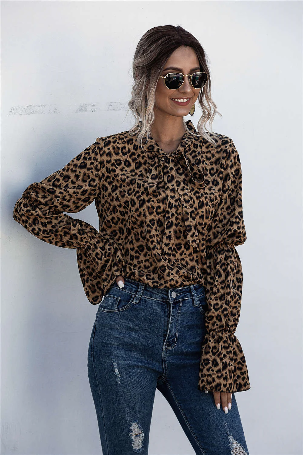 Damen Lockere Bluse mit weitem Ärmel und modischem Leomuster Heidi-Mode - Image 2