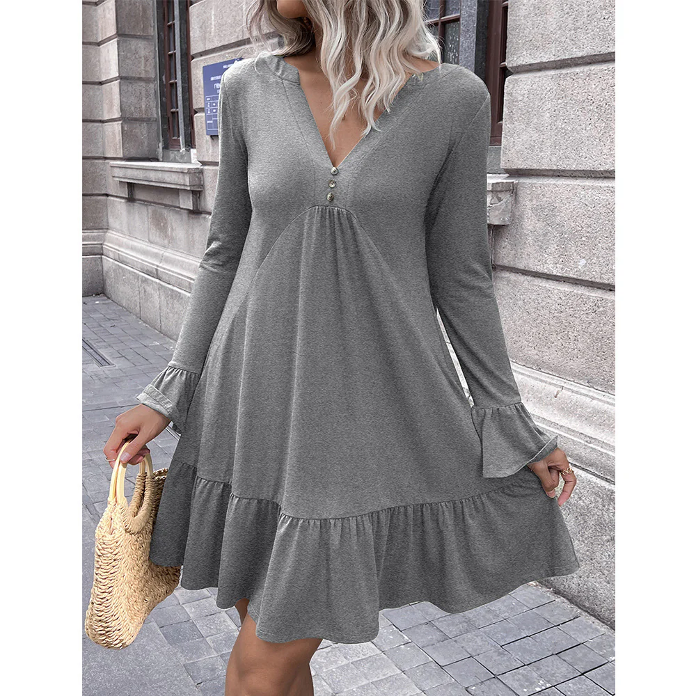 Damen lockeres Kleid mit schmeichelndem V-Ausschnitt und Glockenärmeln Heidi-Mode - Image 3