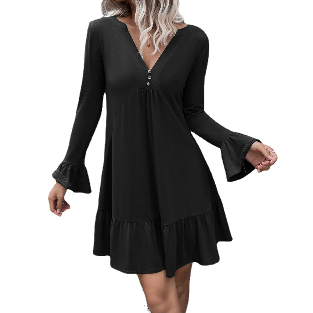 Damen lockeres Kleid mit schmeichelndem V-Ausschnitt und Glockenärmeln Heidi-Mode - Image 5
