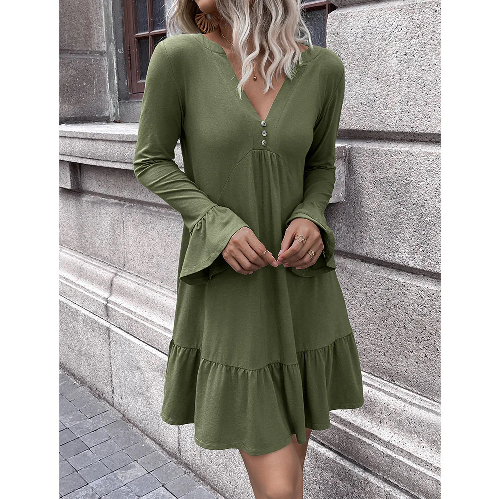 Damen lockeres Kleid mit schmeichelndem V-Ausschnitt und Glockenärmeln Heidi-Mode - Image 6