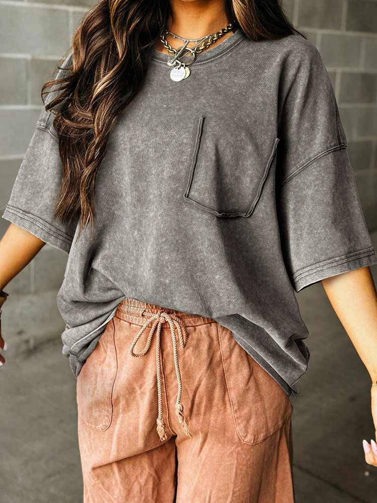 Damen Lockeres T-Shirt mit Praktischer Brusttasche Heidi-Mode - Image 4