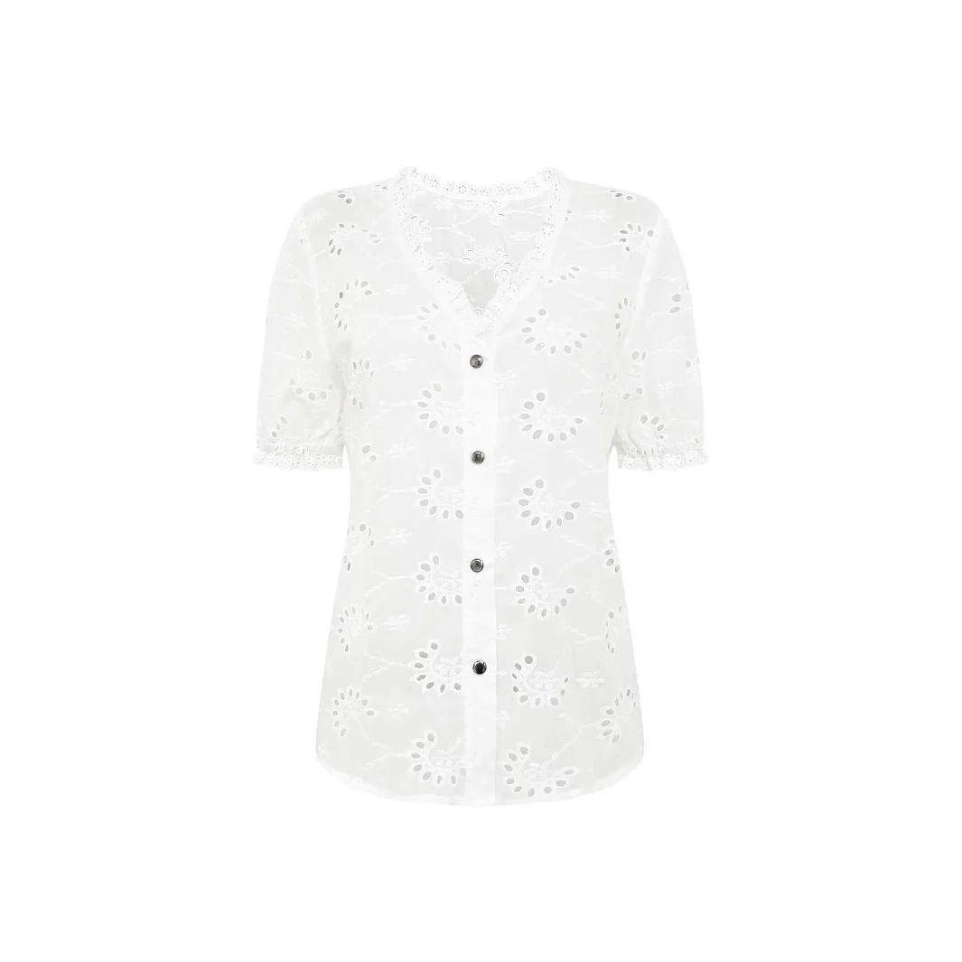 Damen luftiges Blusenshirt mit kunstvollen Lochmustern und Knopfdetails Heidi-Mode - Image 5