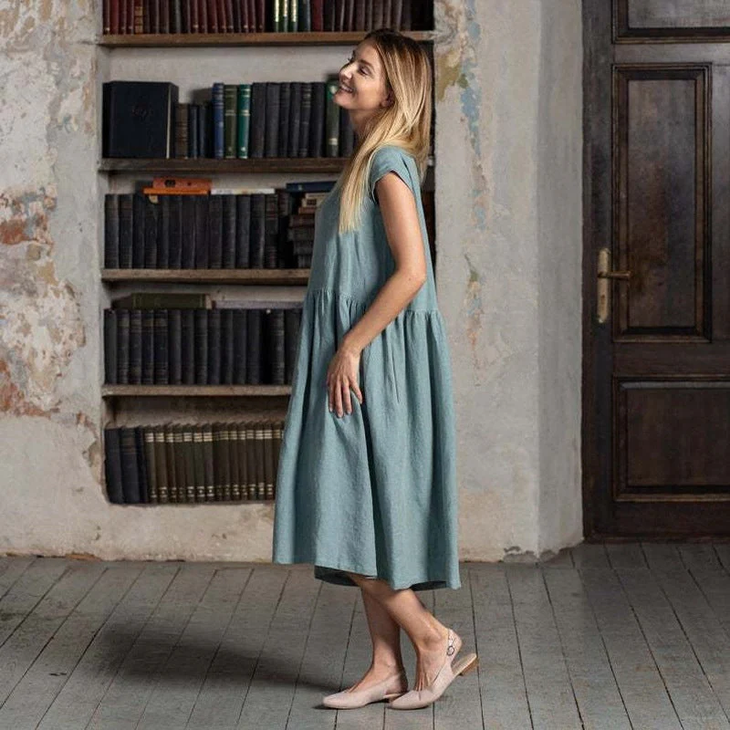 Damen Luftiges Leinen-Midikleid mit Tailliertem Schnitt und Voluminösem Saum Heidi-Mode - Image 3