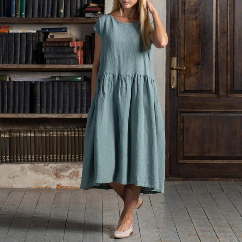 Damen Luftiges Leinen-Midikleid mit Tailliertem Schnitt und Voluminösem Saum Heidi-Mode - Image 5
