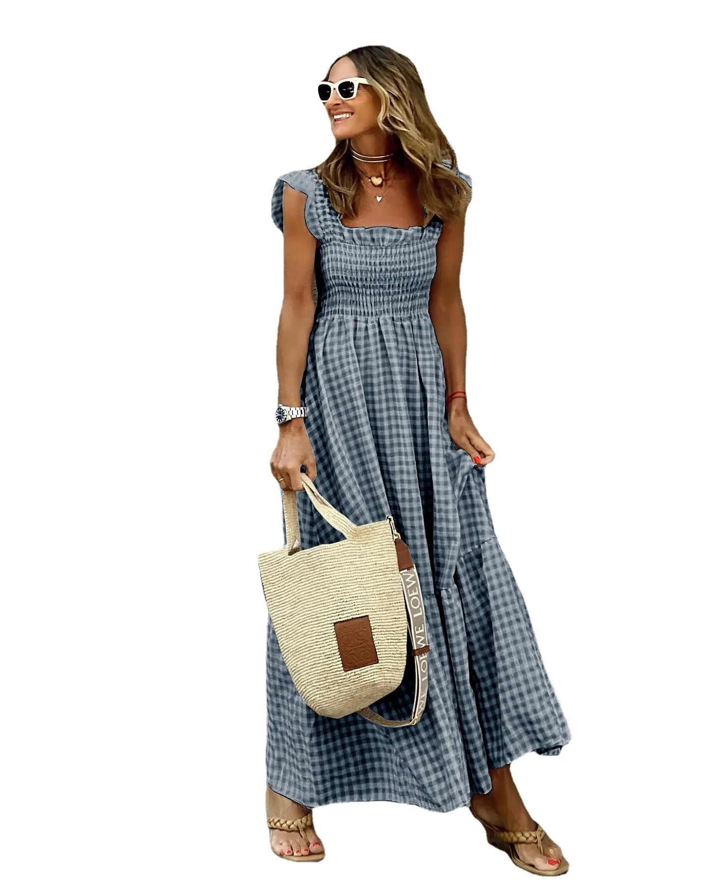 Damen Luftiges Maxikleid mit Vichy-Karo und Schulterfreien Rüschen Heidi-Mode - Image 5