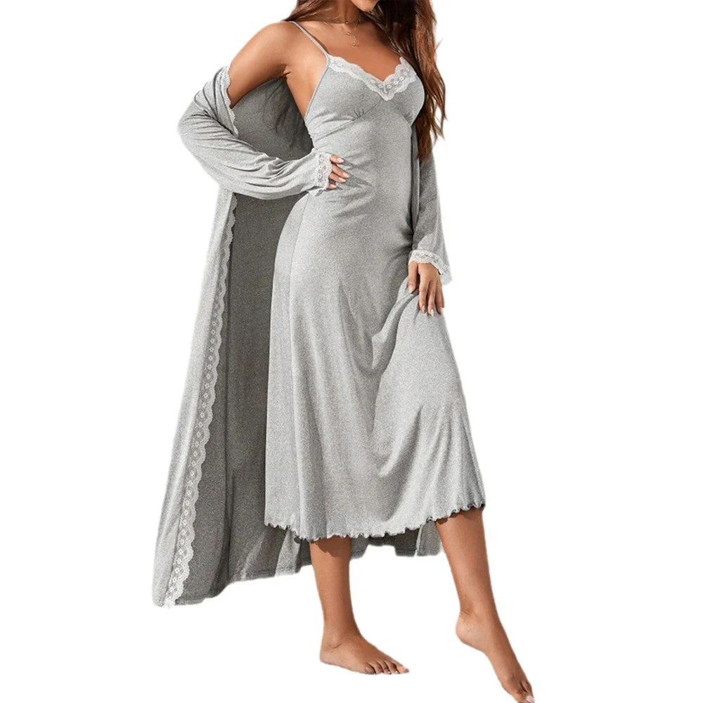 Damen Luxuriöses Nachthemd mit Elegantem Spitzenbesatz und Langem Cardigan Heidi-Mode - Image 5