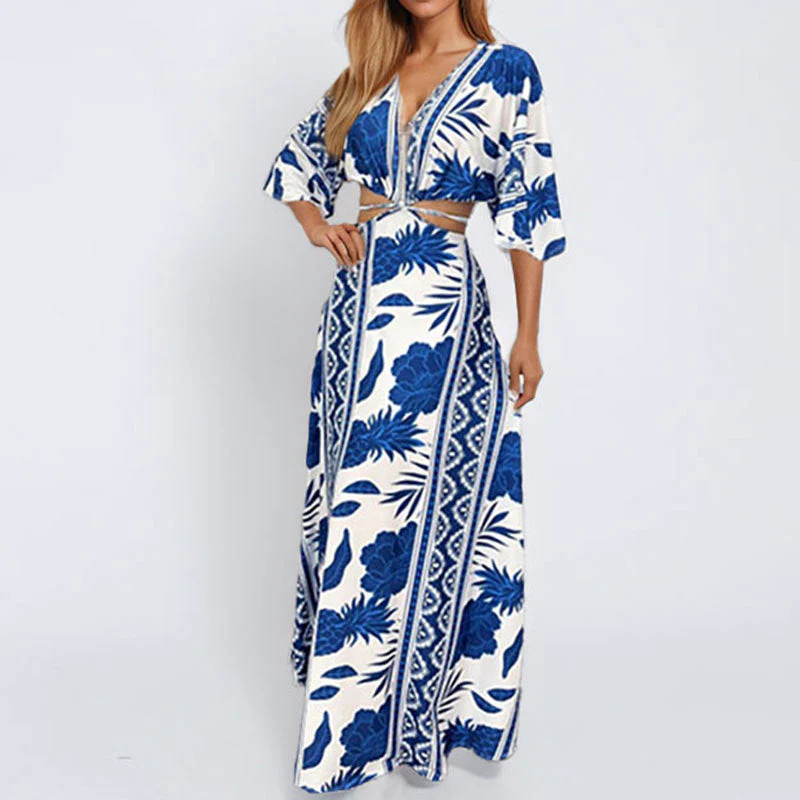 Damen Maxi-Kleid mit Tiefem V-Ausschnitt und Wellenmuster Heidi-Mode - Image 2