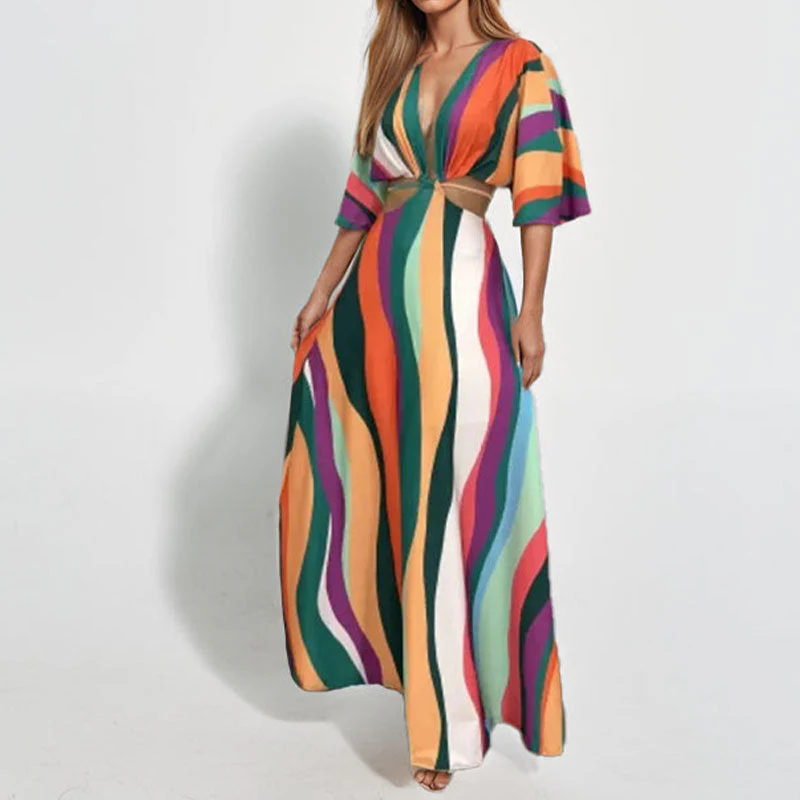 Damen Maxi-Kleid mit Tiefem V-Ausschnitt und Wellenmuster Heidi-Mode - Image 3