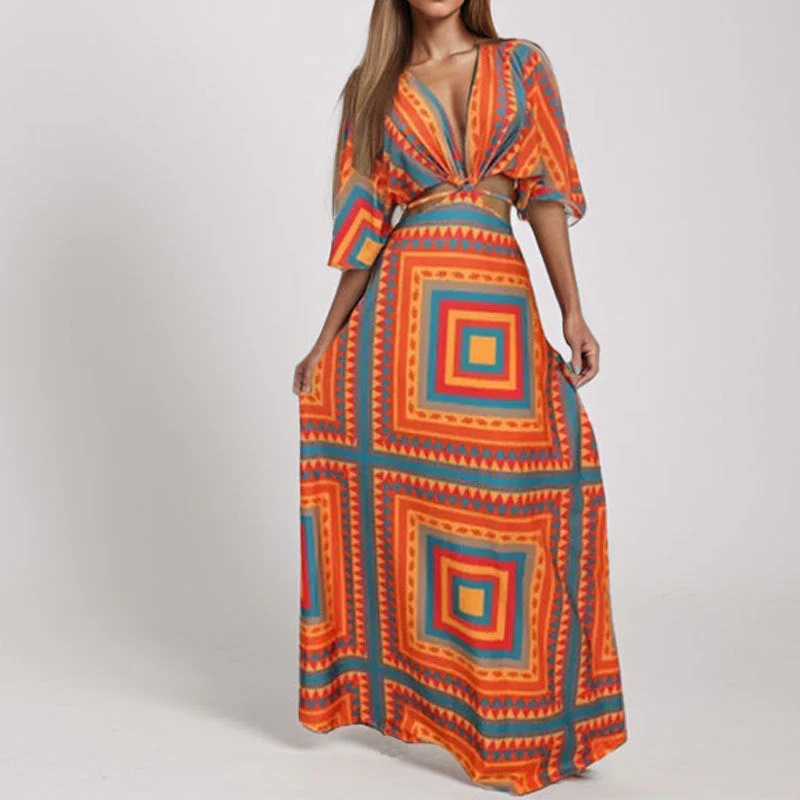 Damen Maxi-Kleid mit Tiefem V-Ausschnitt und Wellenmuster Heidi-Mode - Image 4
