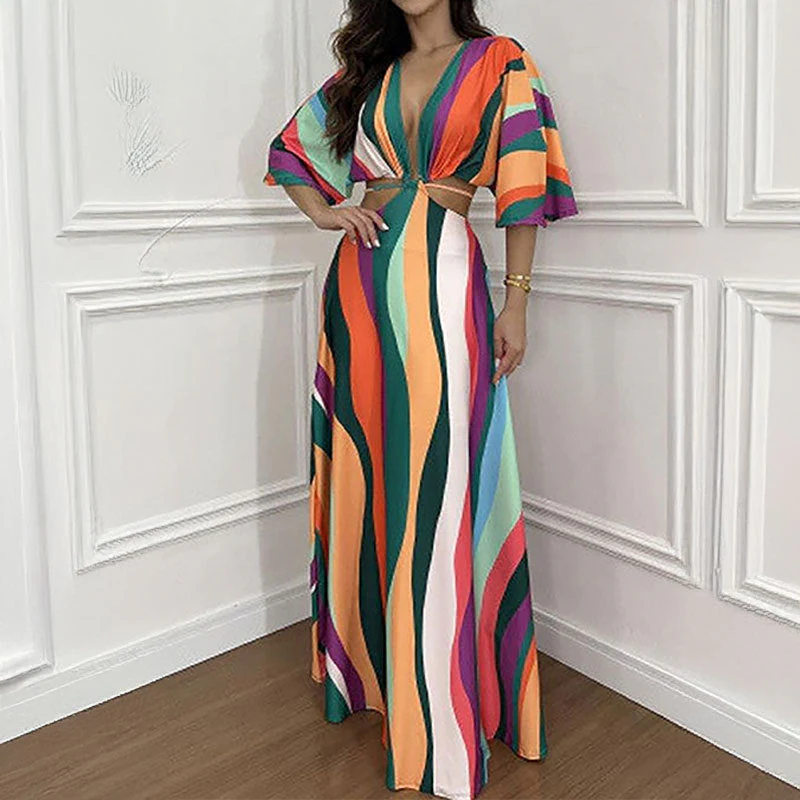 Damen Maxi-Kleid mit Tiefem V-Ausschnitt und Wellenmuster Heidi-Mode - Image 7