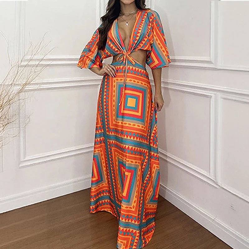Damen Maxi-Kleid mit Tiefem V-Ausschnitt und Wellenmuster Heidi-Mode - Image 8