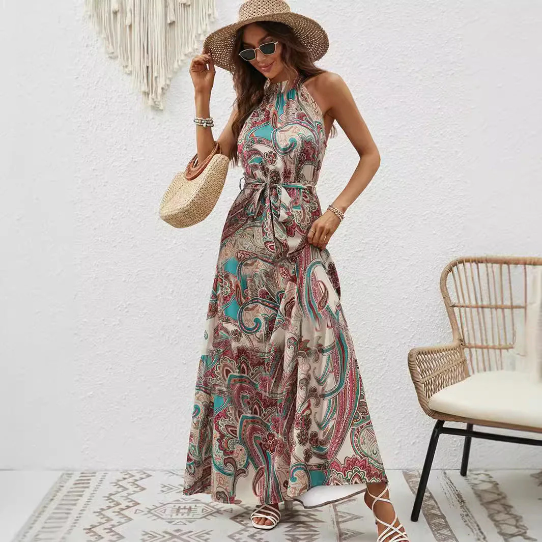 Damen Maxikleid Im Boho-Stil mit Hohem Kragen und Bindegürtel Heidi-Mode - Image 5