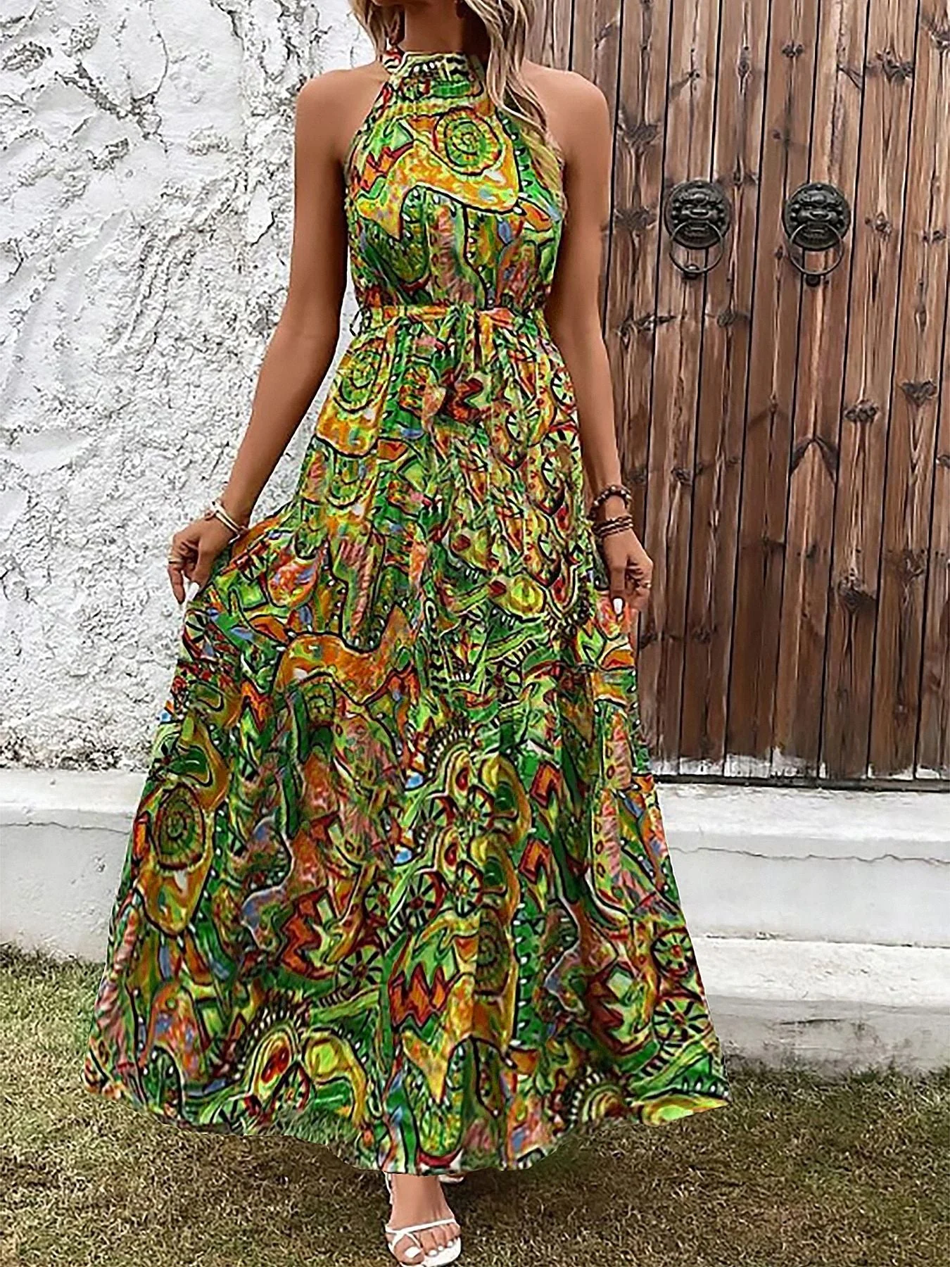 Damen Maxikleid Im Boho-Stil mit Hohem Kragen und Bindegürtel Heidi-Mode - Image 6