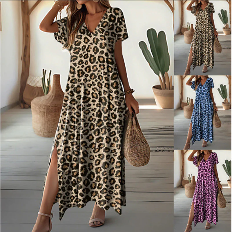 Damen Maxikleid Im Trendigen Animal-Print mit Modernem V-Ausschnitt und Seitlichen Schlitzen Heidi-Mode