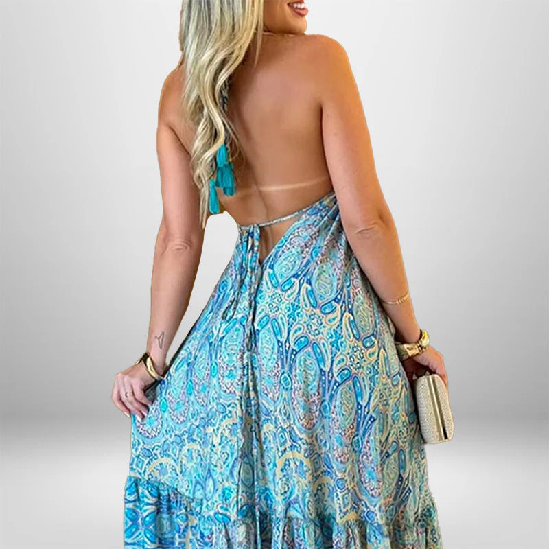 Damen Maxikleid Im Verspielten Boho-Stil mit Tiefem V-Ausschnitt und Schwingendem Rock Heidi-Mode - Image 4
