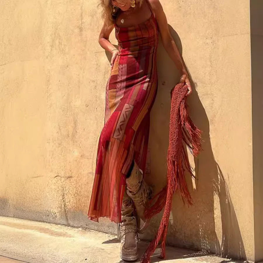 Damen Maxikleid mit Asymmetrischem Ethno-Muster und Schmalen Spaghettiträgern Heidi-Mode - Image 2
