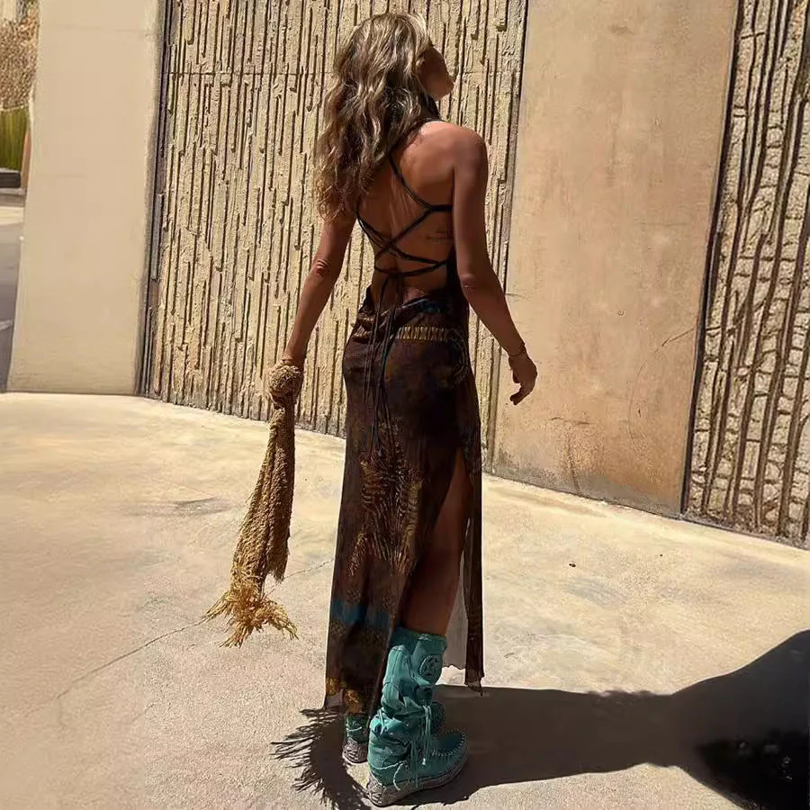 Damen Maxikleid mit Asymmetrischem Ethno-Muster und Schmalen Spaghettiträgern Heidi-Mode - Image 4