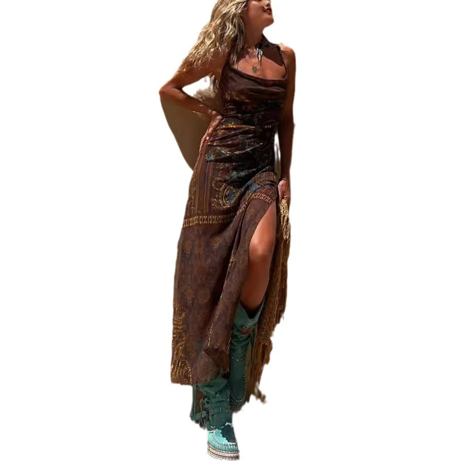 Damen Maxikleid mit Asymmetrischem Ethno-Muster und Schmalen Spaghettiträgern Heidi-Mode - Image 5