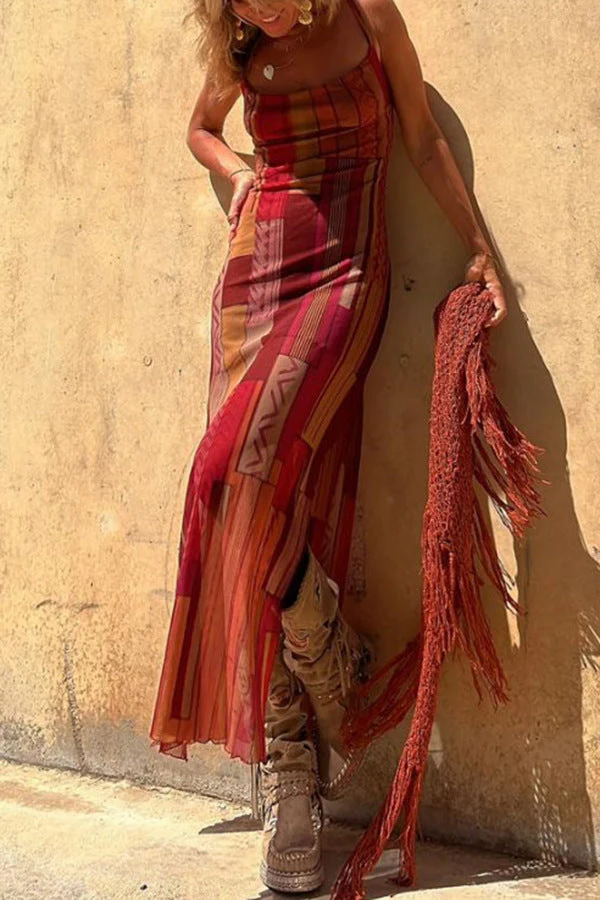 Damen Maxikleid mit Asymmetrischem Ethno-Muster und Schmalen Spaghettiträgern Heidi-Mode - Image 7