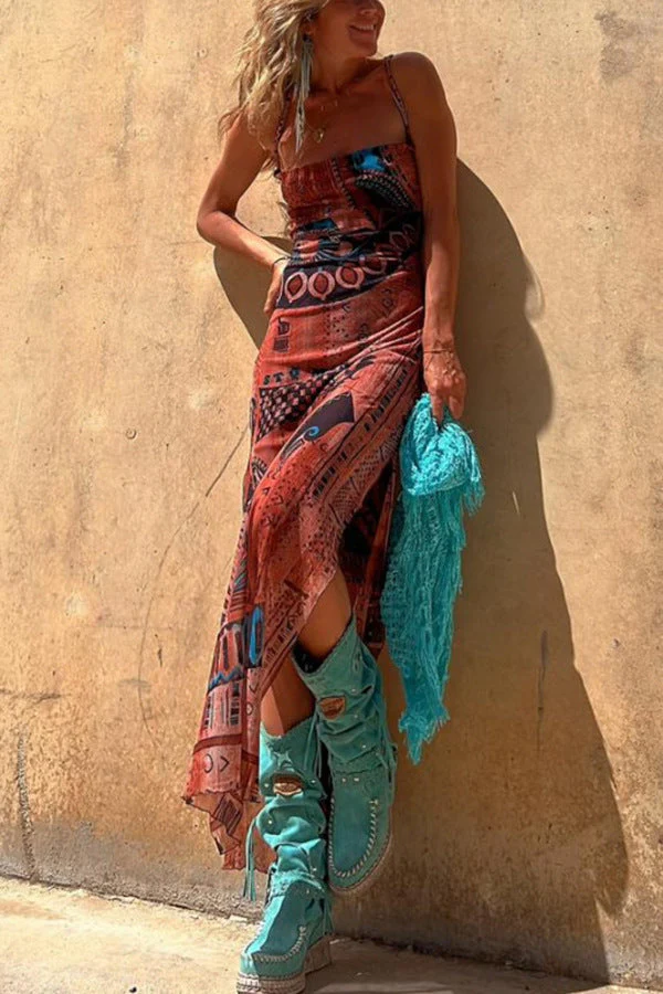 Damen Maxikleid mit Asymmetrischem Ethno-Muster und Schmalen Spaghettiträgern Heidi-Mode - Image 8
