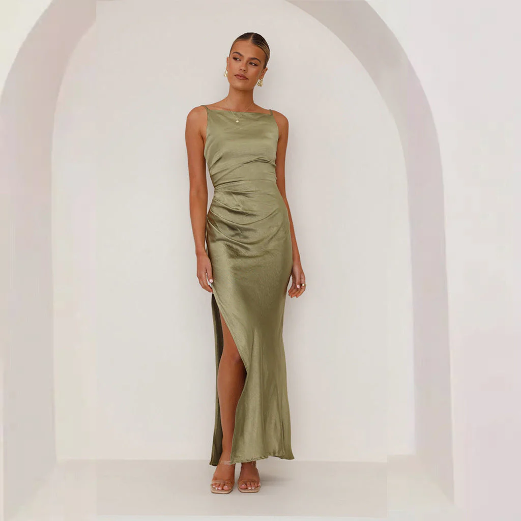 Damen Maxikleid mit Elegantem Satin-Finish und Hoch Geschnittenem Schlitz Heidi-Mode - Image 4