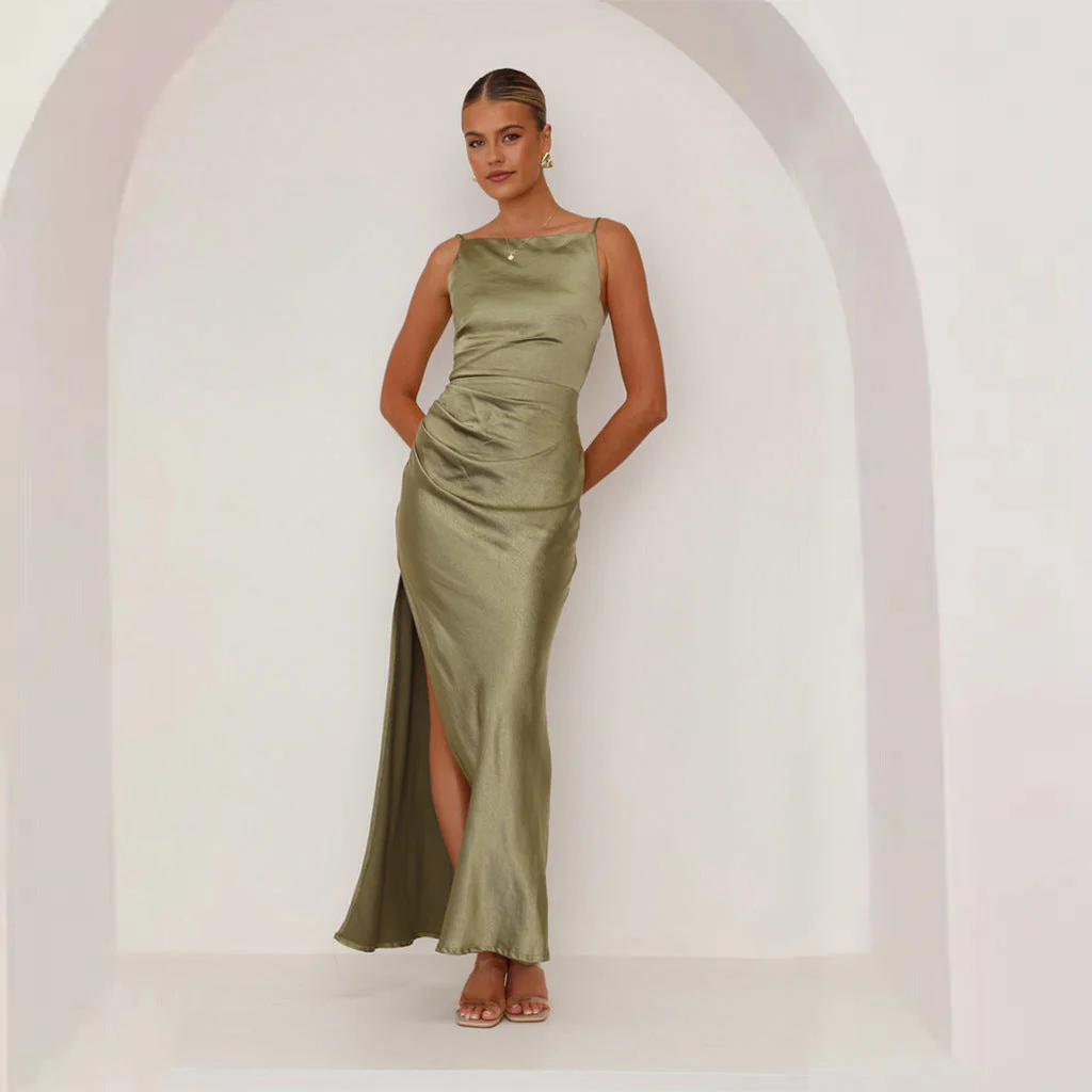 Damen Maxikleid mit Elegantem Satin-Finish und Hoch Geschnittenem Schlitz Heidi-Mode - Image 9