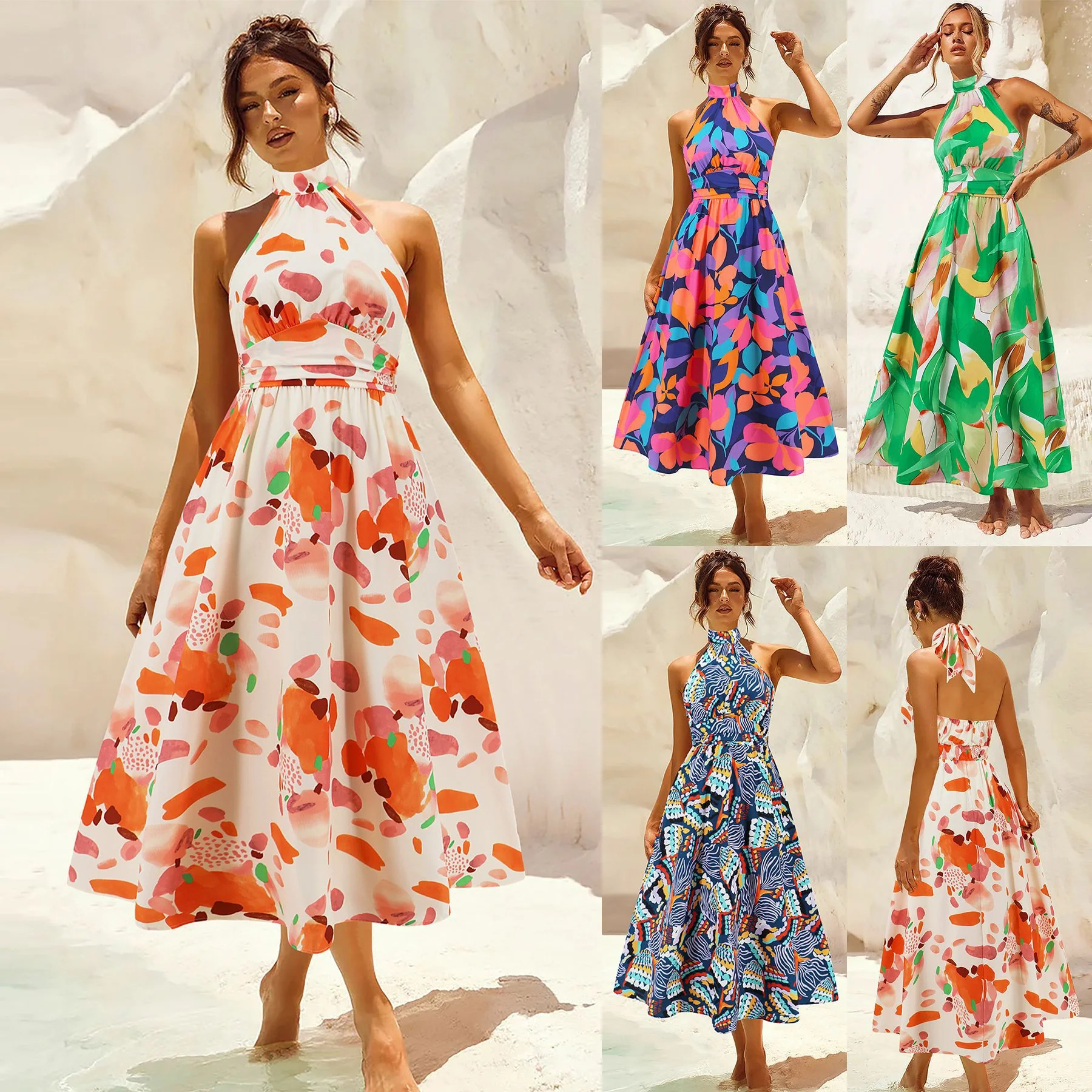 Damen Maxikleid mit Hochgeschlossenem Kragen und Buntem Blätterdruck Heidi-Mode