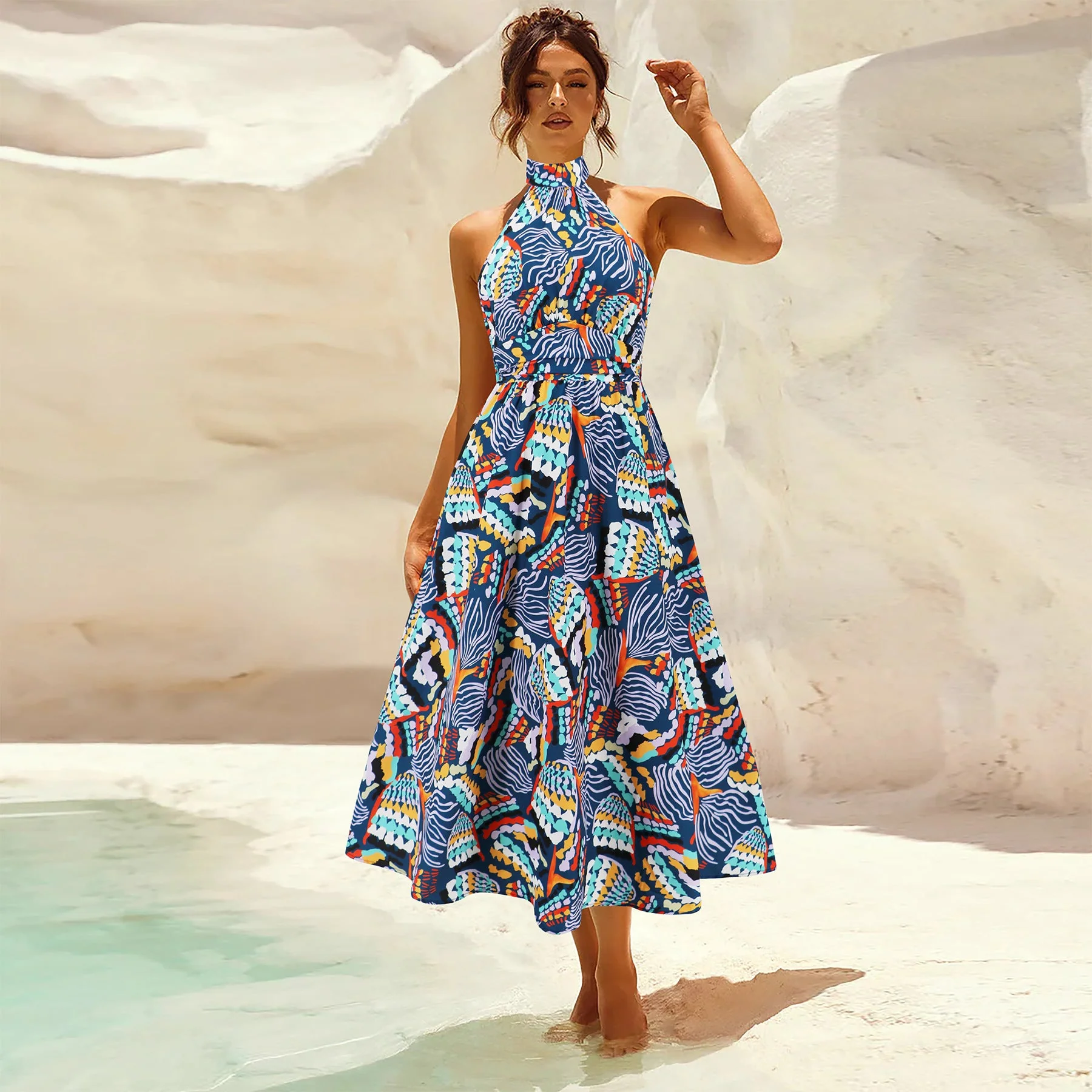 Damen Maxikleid mit Hochgeschlossenem Kragen und Buntem Blätterdruck Heidi-Mode - Image 4