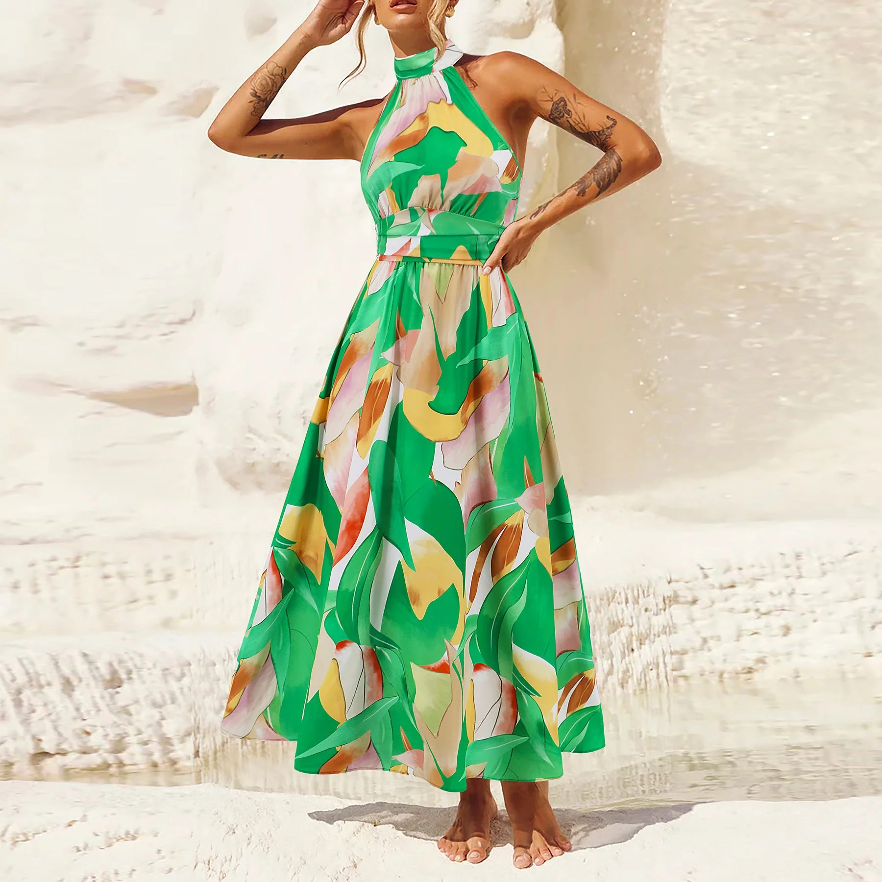 Damen Maxikleid mit Hochgeschlossenem Kragen und Buntem Blätterdruck Heidi-Mode - Image 6