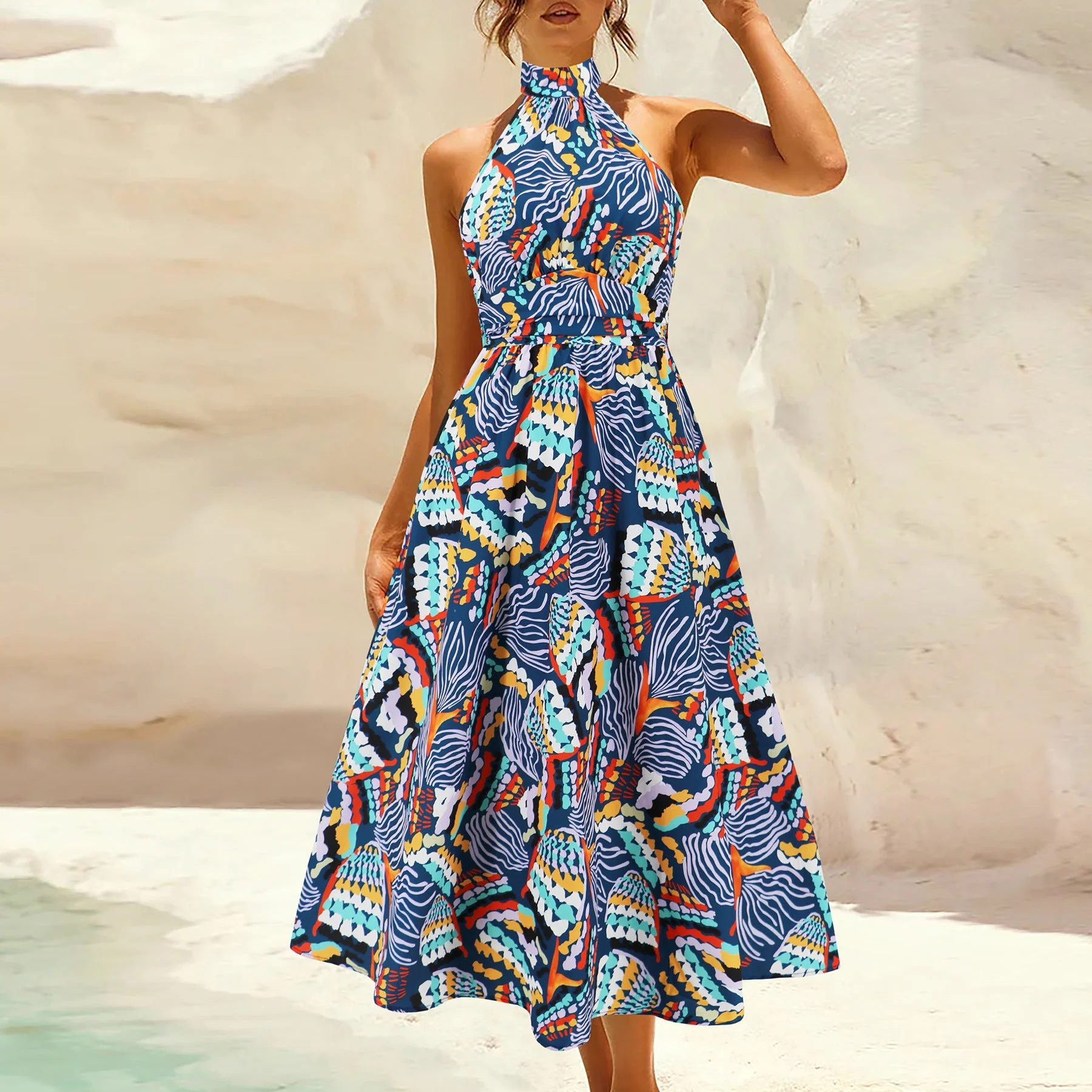 Damen Maxikleid mit Hochgeschlossenem Kragen und Buntem Blätterdruck Heidi-Mode - Image 9