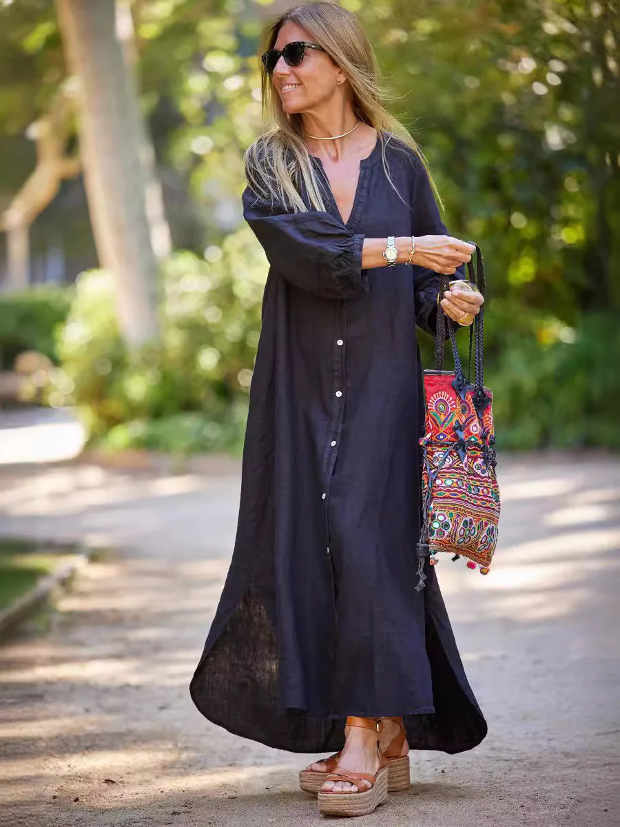 Damen Maxikleid mit Knöpfen und eleganten Ärmeln Heidi-Mode - Image 4