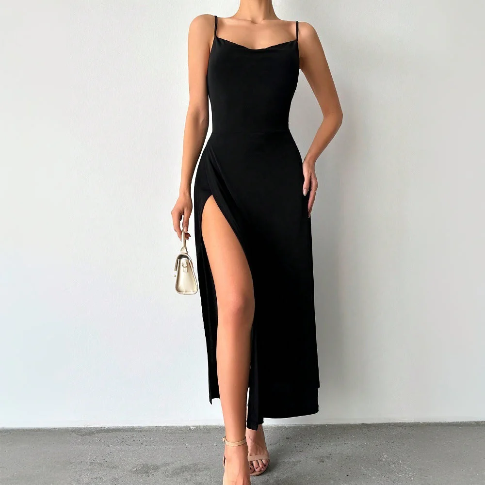 Damen Maxikleid mit Raffiniertem Schlitz und Verstellbaren Spaghettiträgern Heidi-Mode