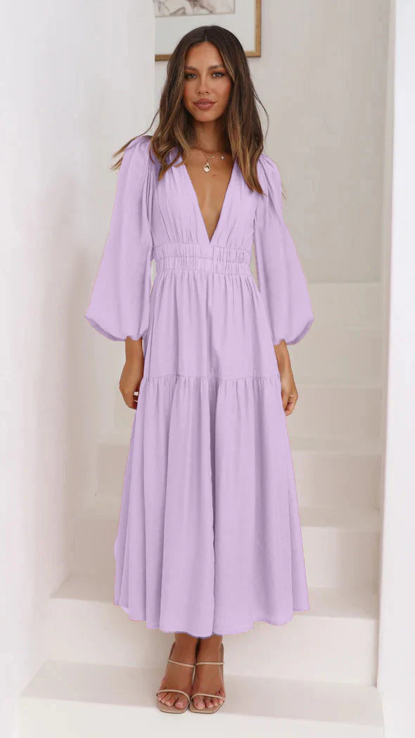 Damen Maxikleid mit Tiefem V-Ausschnitt und Weit Ausgestellten Ärmeln Heidi-Mode - Image 10