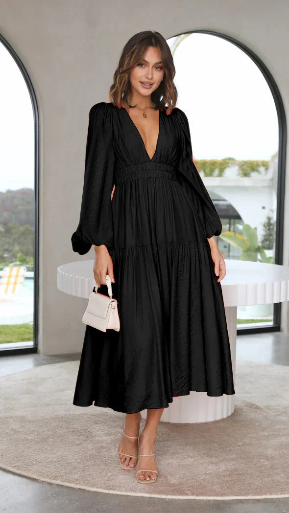Damen Maxikleid mit Tiefem V-Ausschnitt und Weit Ausgestellten Ärmeln Heidi-Mode - Image 11