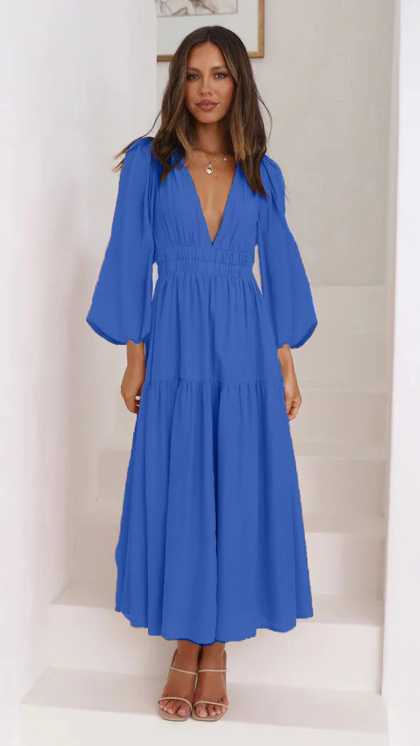 Damen Maxikleid mit Tiefem V-Ausschnitt und Weit Ausgestellten Ärmeln Heidi-Mode - Image 12