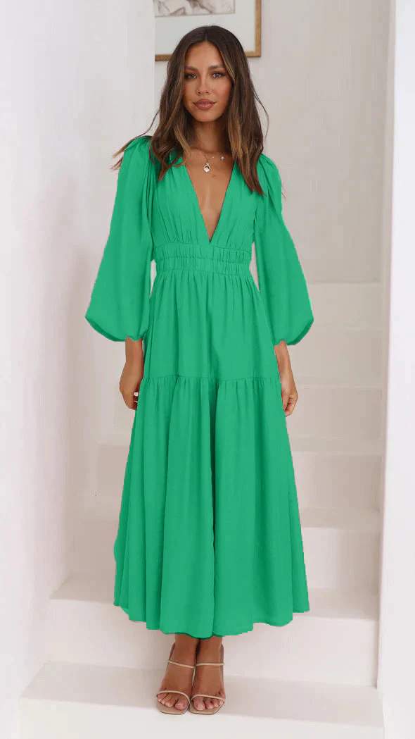 Damen Maxikleid mit Tiefem V-Ausschnitt und Weit Ausgestellten Ärmeln Heidi-Mode - Image 14
