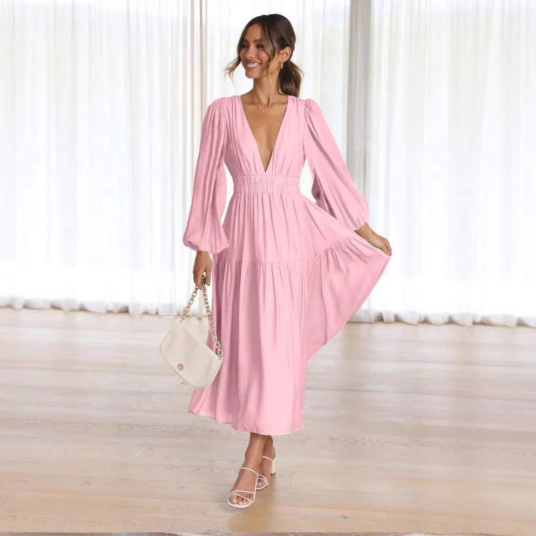 Damen Maxikleid mit Tiefem V-Ausschnitt und Weit Ausgestellten Ärmeln Heidi-Mode - Image 4