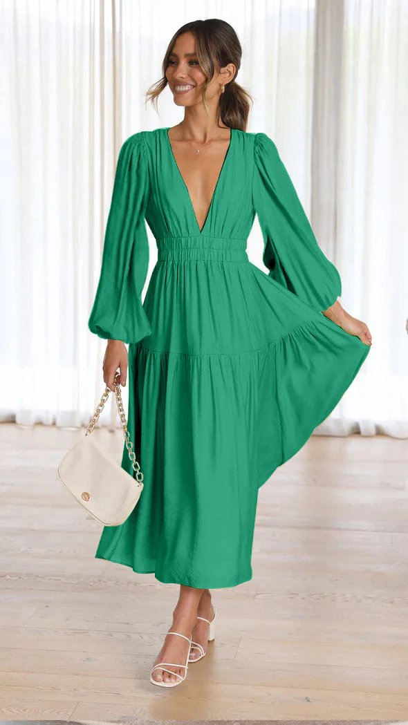 Damen Maxikleid mit Tiefem V-Ausschnitt und Weit Ausgestellten Ärmeln Heidi-Mode - Image 6