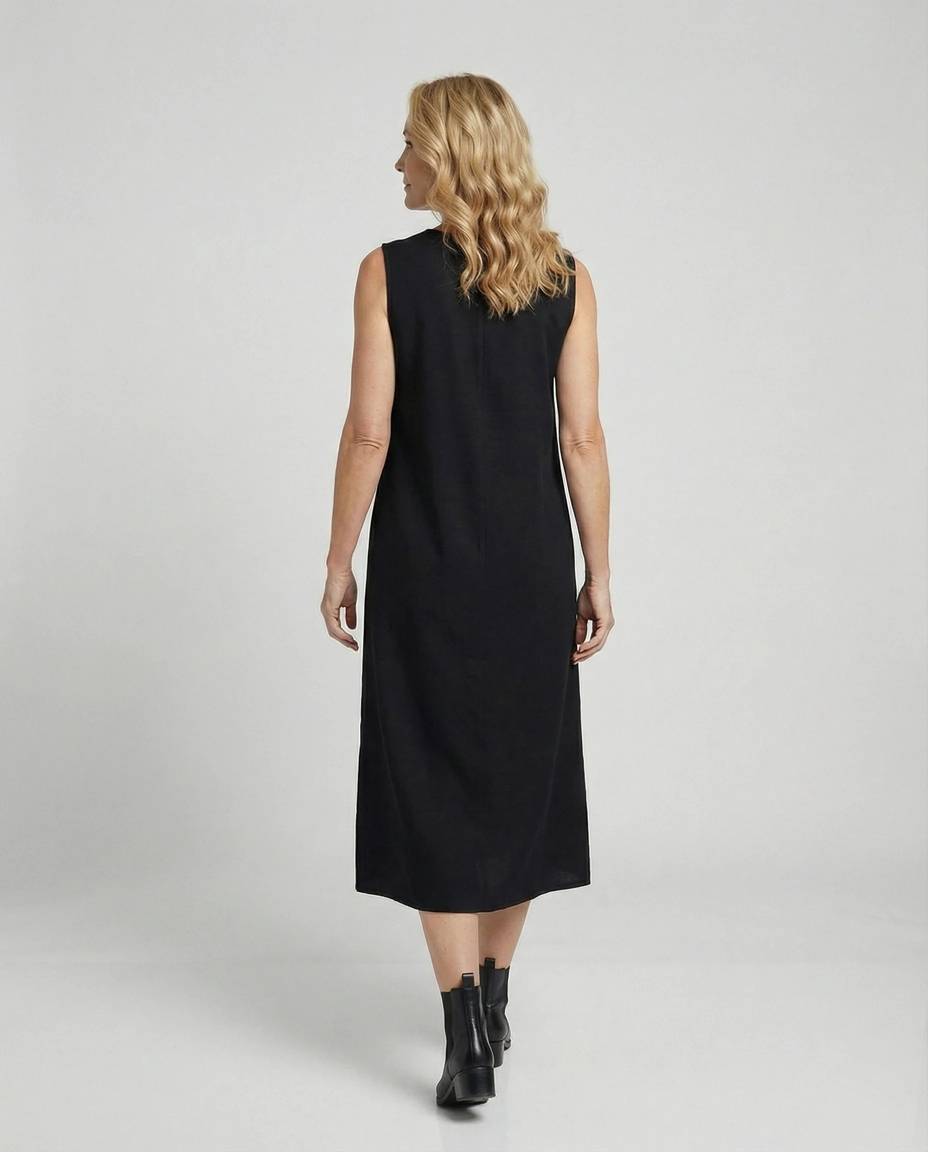 Damen Midi Kleid ärmellos mit V-Ausschnitt – Schwarz A-Linie - Image 3